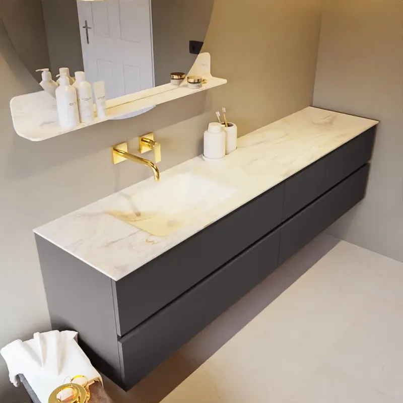 Dagaanbieding Mondiaz Vica DLux badmeubel 200cm dark grey 4 lades met wastafel ostra links zonder kraangat