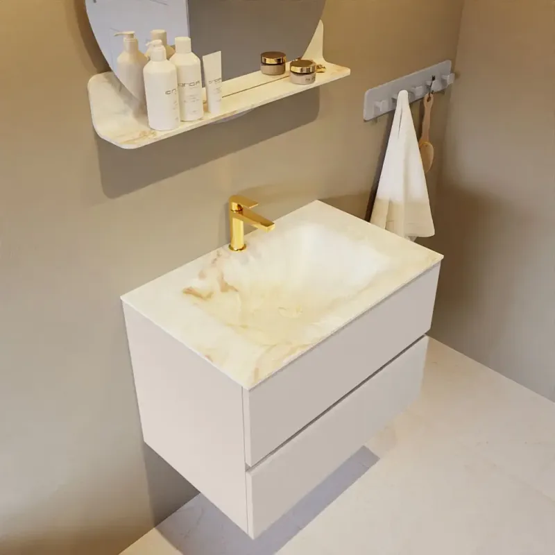 Mondiaz Vica DLux badmeubel 70cm linen 2 lades met wastafel frappe midden 1 kraangat Op = Op