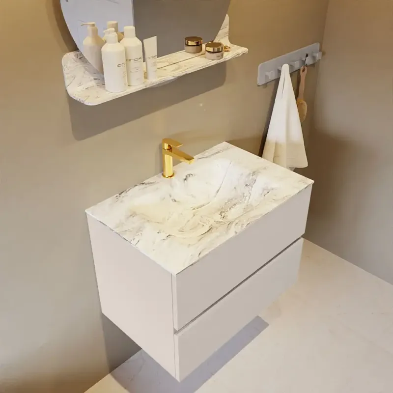 Beperkte Voorraad Mondiaz Vica DLux badmeubel 70cm linen 2 lades met wastafel glace midden 1 kraangat