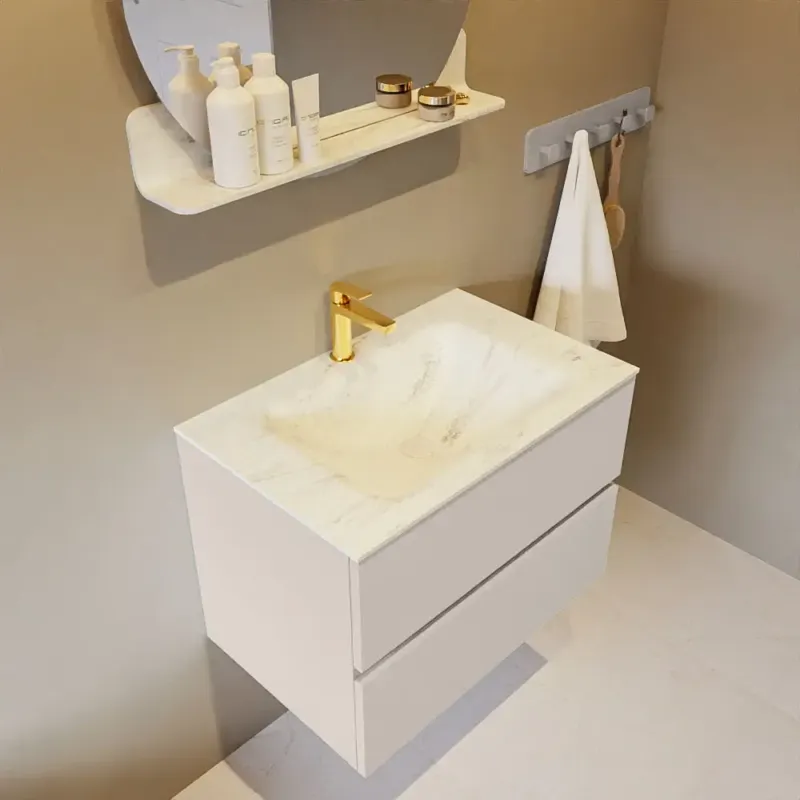 Hete Deal Mondiaz Vica DLux badmeubel 70cm linen 2 lades met wastafel opalo midden 1 kraangat