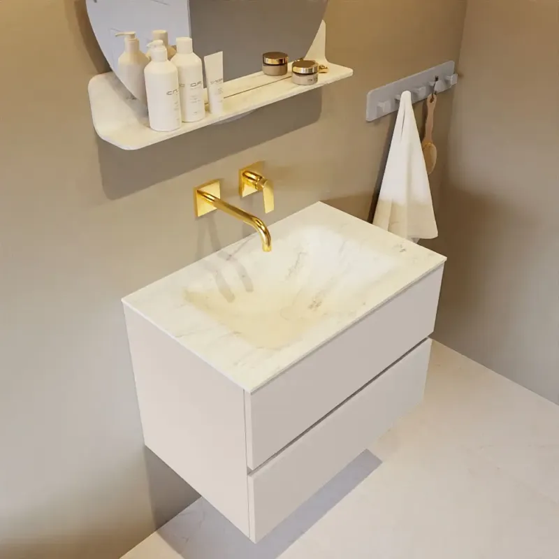 Laatste Kans Mondiaz Vica DLux badmeubel 70cm linen 2 lades met wastafel opalo midden zonder kraangat