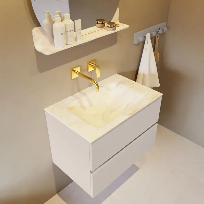 Mondiaz Vica DLux badmeubel 70cm linen 2 lades met wastafel ostra midden zonder kraangat Gereduceerde Prijs