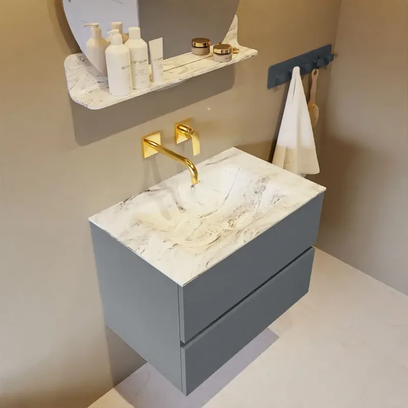Mondiaz Vica DLux badmeubel 70cm plata 2 lades met wastafel glace midden zonder kraangat Beperkte Voorraad