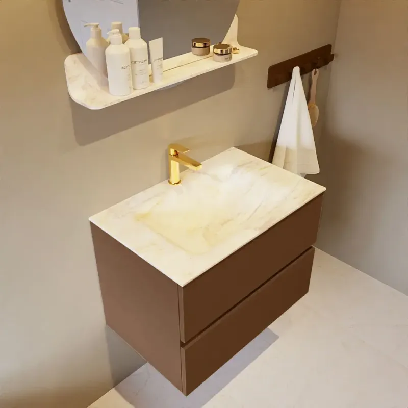 Korting Mondiaz Vica DLux badmeubel 70cm rust 2 lades met wastafel ostra midden 1 kraangat