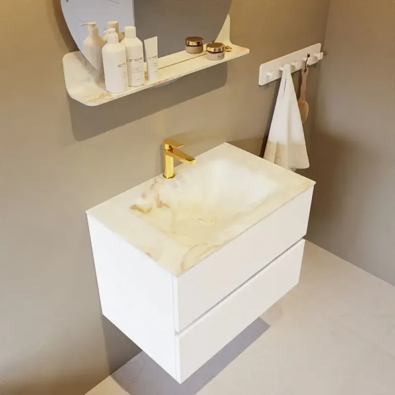 Must-Have Mondiaz Vica DLux badmeubel 70cm talc 2 lades met wastafel frappe midden 1 kraangat