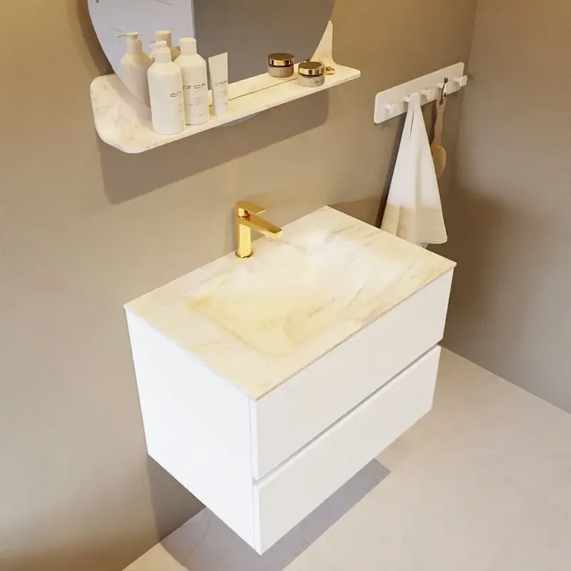 Weekendaanbieding Mondiaz Vica DLux badmeubel 70cm talc 2 lades met wastafel ostra midden 1 kraangat