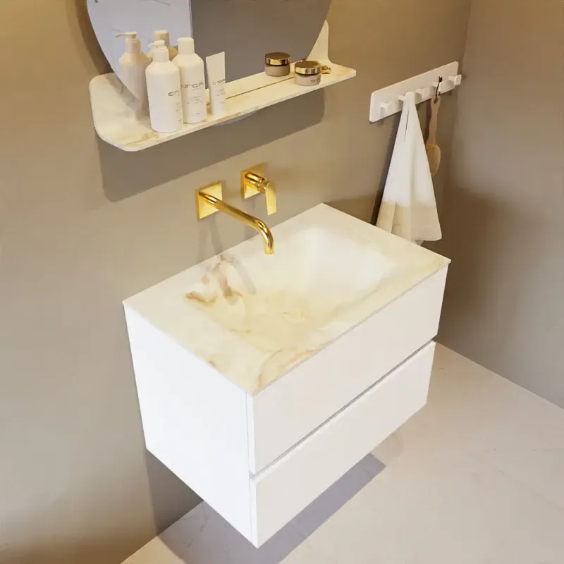 Premium Mondiaz Vica DLux badmeubel 70cm talc 2 lades met wastafel frappe midden zonder kraangat