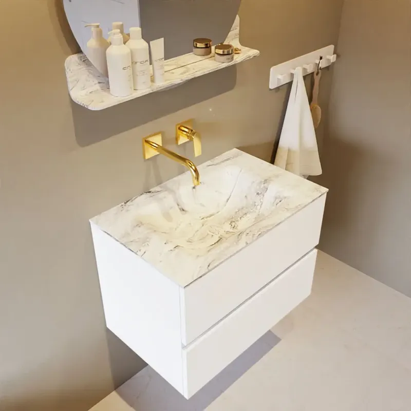 Mondiaz Vica DLux badmeubel 70cm talc 2 lades met wastafel glace midden zonder kraangat Weekendaanbieding
