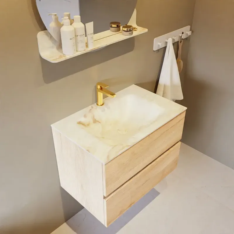 Goedkoop Mondiaz Vica DLux badmeubel 70cm washed oak 2 lades met wastafel frappe midden 1 kraangat