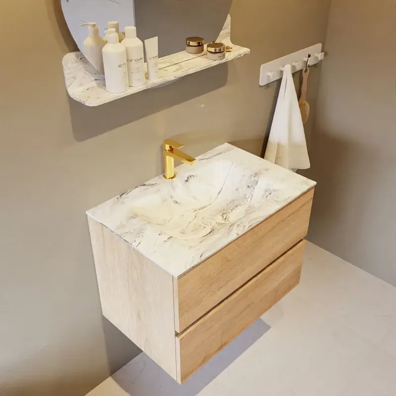 Mondiaz Vica DLux badmeubel 70cm washed oak 2 lades met wastafel glace midden 1 kraangat Uitverkoop