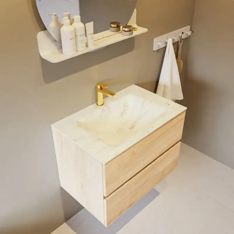 Actieprijs Mondiaz Vica DLux badmeubel 70cm washed oak 2 lades met wastafel opalo midden 1 kraangat