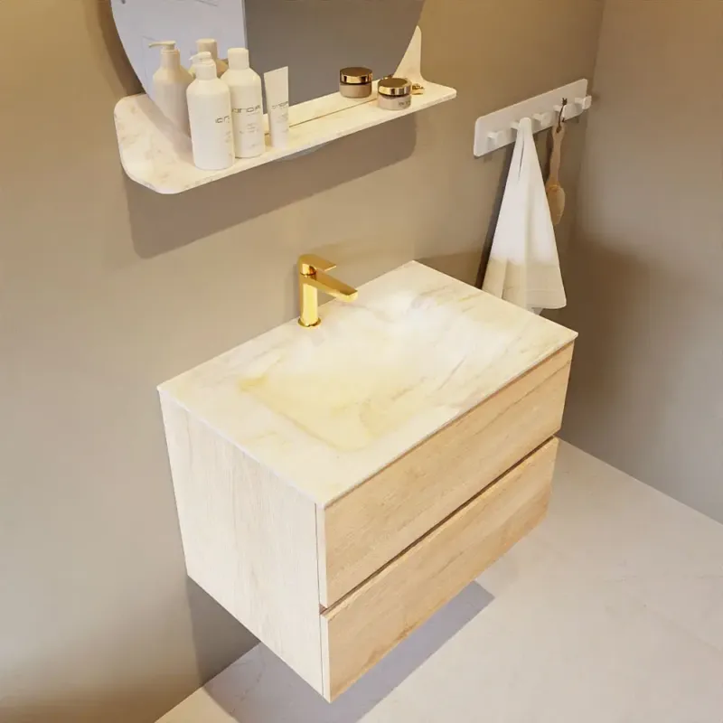 Beperkt Aanbod Mondiaz Vica DLux badmeubel 70cm washed oak 2 lades met wastafel ostra midden 1 kraangat