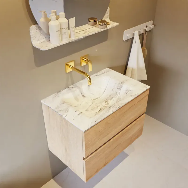 Op = Op Mondiaz Vica DLux badmeubel 70cm washed oak 2 lades met wastafel glace midden zonder kraangat