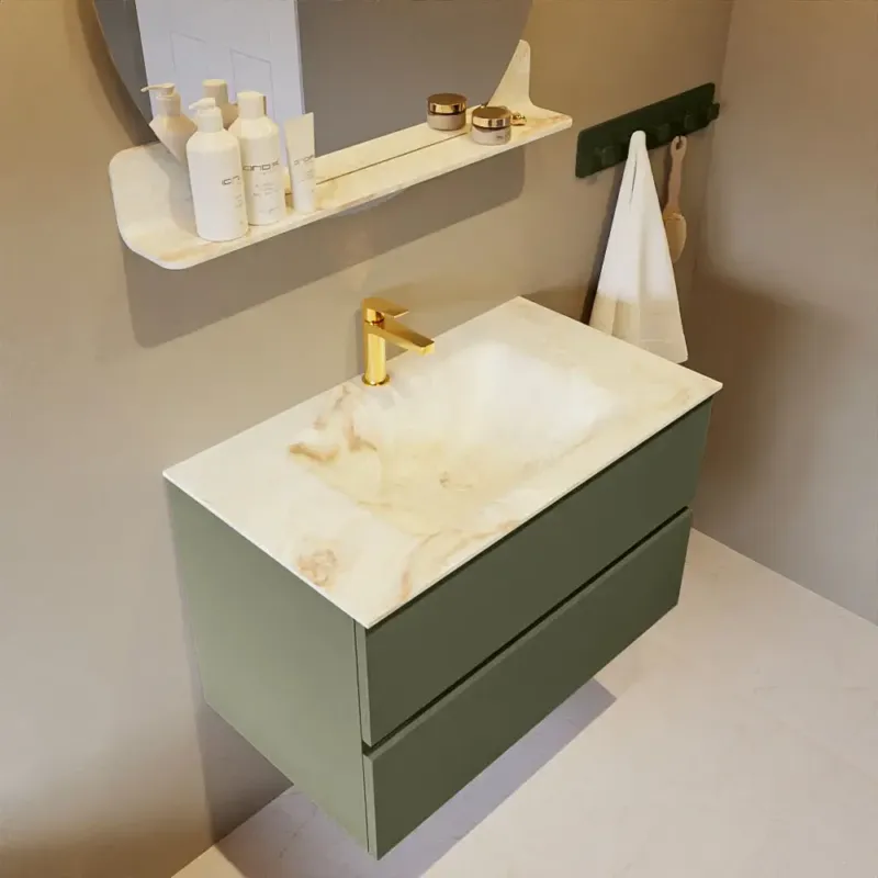 Speciale Aanbieding Mondiaz Vica DLux badmeubel 80cm army 2 lades met wastafel frappe midden 1 kraangat
