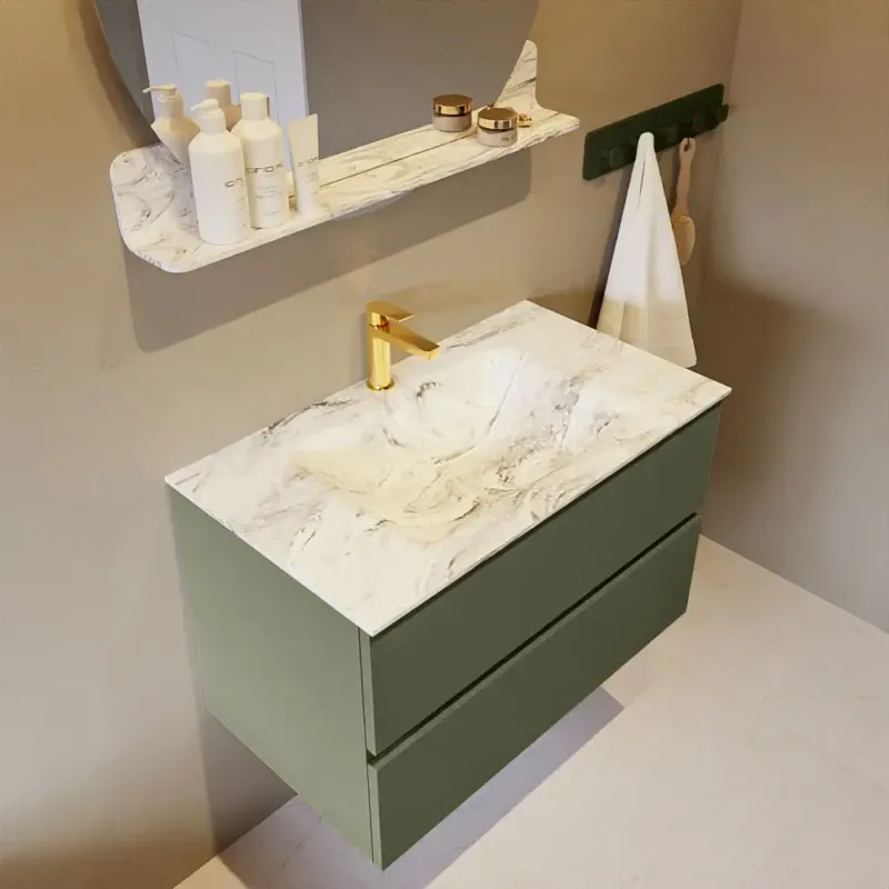 Meest Verkocht Mondiaz Vica DLux badmeubel 80cm army 2 lades met wastafel glace midden 1 kraangat