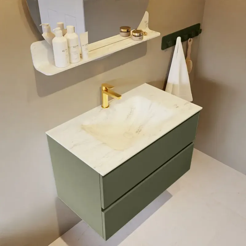 Nieuw Mondiaz Vica DLux badmeubel 80cm army 2 lades met wastafel opalo midden 1 kraangat