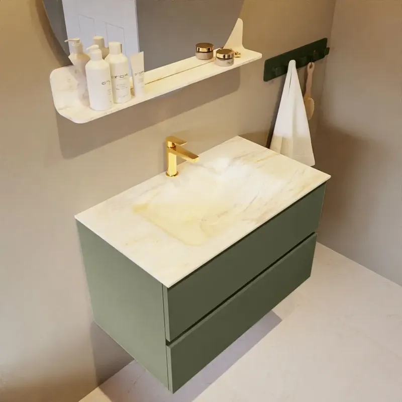 Mondiaz Vica DLux badmeubel 80cm army 2 lades met wastafel ostra midden 1 kraangat Lage Prijs
