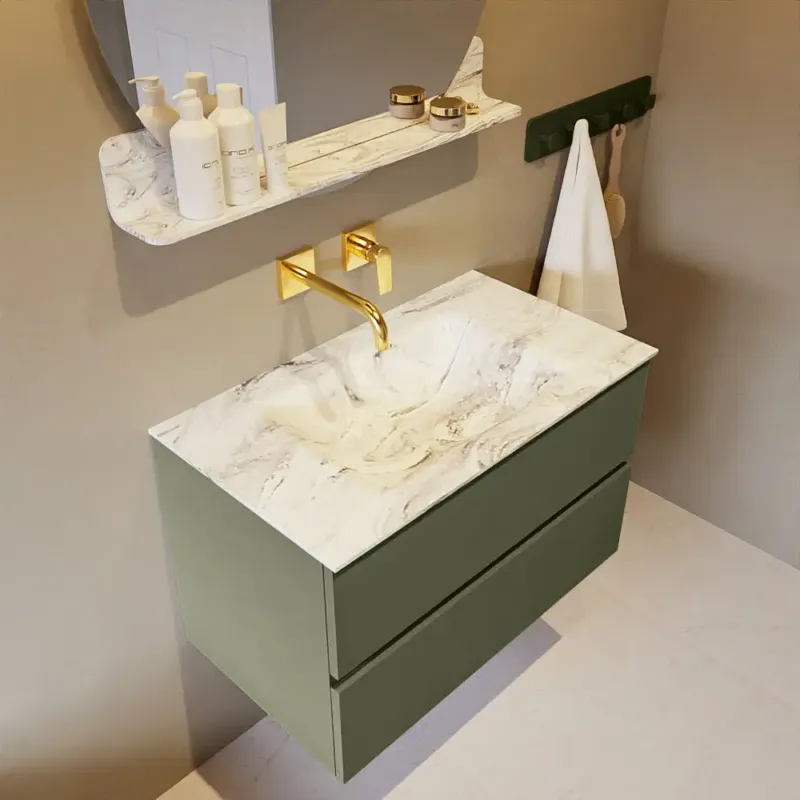 Nu Kopen Mondiaz Vica DLux badmeubel 80cm army 2 lades met wastafel glace midden zonder kraangat
