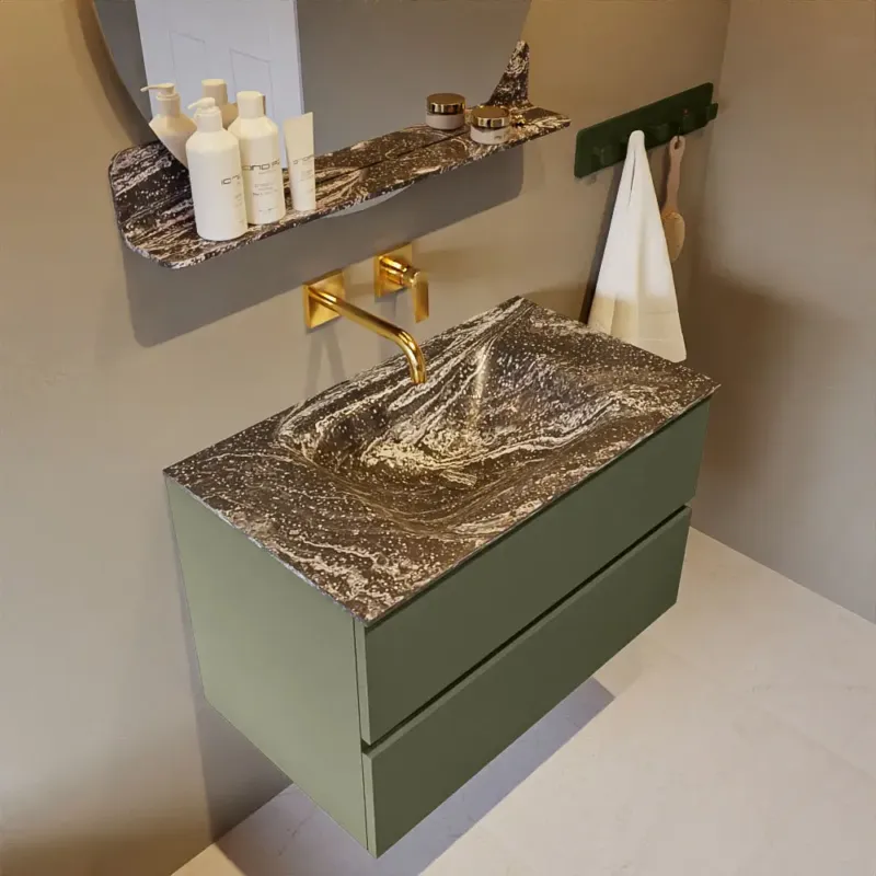 Superprijs Mondiaz Vica DLux badmeubel 80cm army 2 lades met wastafel lava midden zonder kraangat