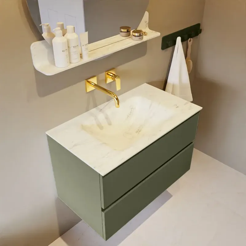 Mondiaz Vica DLux badmeubel 80cm army 2 lades met wastafel opalo midden zonder kraangat Nieuw