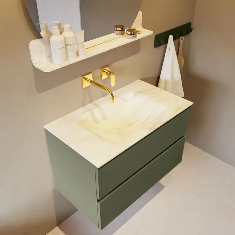 Mondiaz Vica DLux badmeubel 80cm army 2 lades met wastafel ostra midden zonder kraangat Superprijs