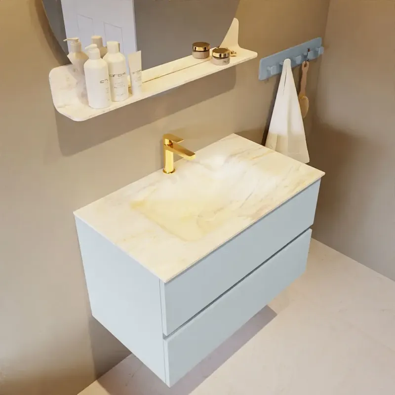 Mondiaz Vica DLux badmeubel 80cm clay 2 lades met wastafel ostra midden 1 kraangat Koopje