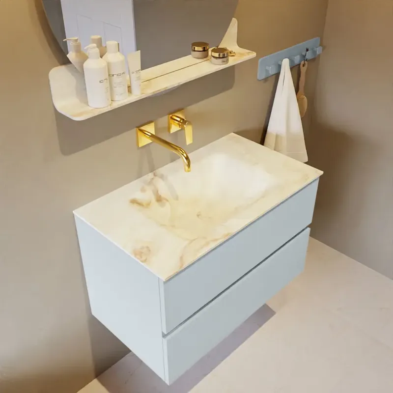 Mondiaz Vica DLux badmeubel 80cm clay 2 lades met wastafel frappe midden zonder kraangat Actieprijs