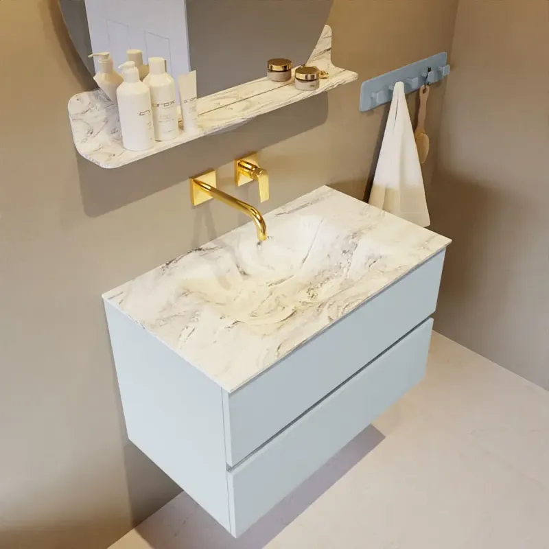 Betrouwbaar Mondiaz Vica DLux badmeubel 80cm clay 2 lades met wastafel glace midden zonder kraangat