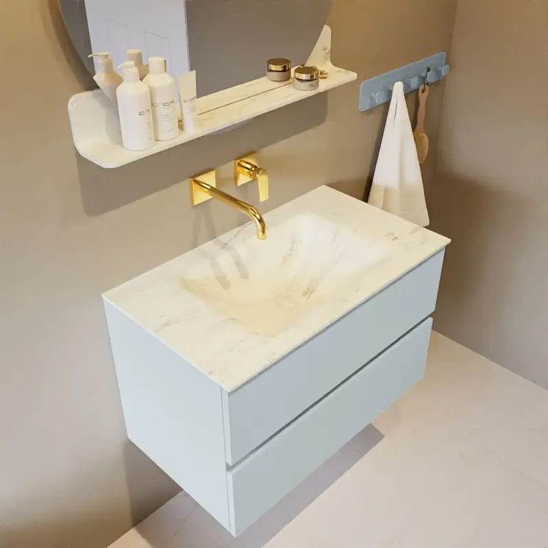 Mondiaz Vica DLux badmeubel 80cm clay 2 lades met wastafel opalo midden zonder kraangat Veilige Betaling