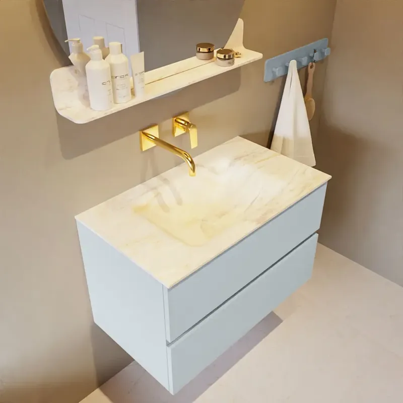 Koopje Mondiaz Vica DLux badmeubel 80cm clay 2 lades met wastafel ostra midden zonder kraangat