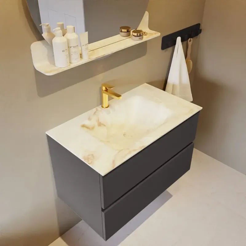 Voordeelprijs Mondiaz Vica DLux badmeubel 80cm dark grey 2 lades met wastafel frappe midden 1 kraangat