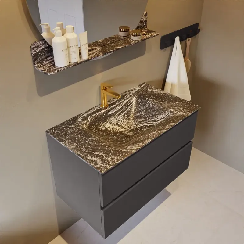 Fabrieksprijs Mondiaz Vica DLux badmeubel 80cm dark grey 2 lades met wastafel lava midden 1 kraangat