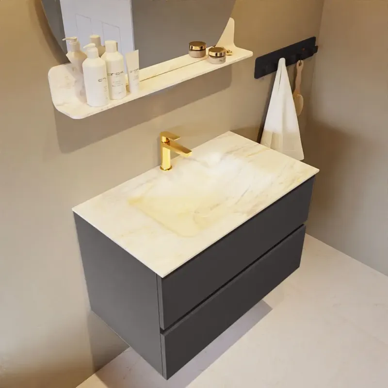 Mondiaz Vica DLux badmeubel 80cm dark grey 2 lades met wastafel ostra midden 1 kraangat Nu Kopen