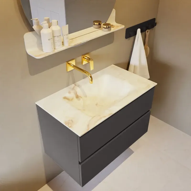 Actieprijs Mondiaz Vica DLux badmeubel 80cm dark grey 2 lades met wastafel frappe midden zonder kraangat