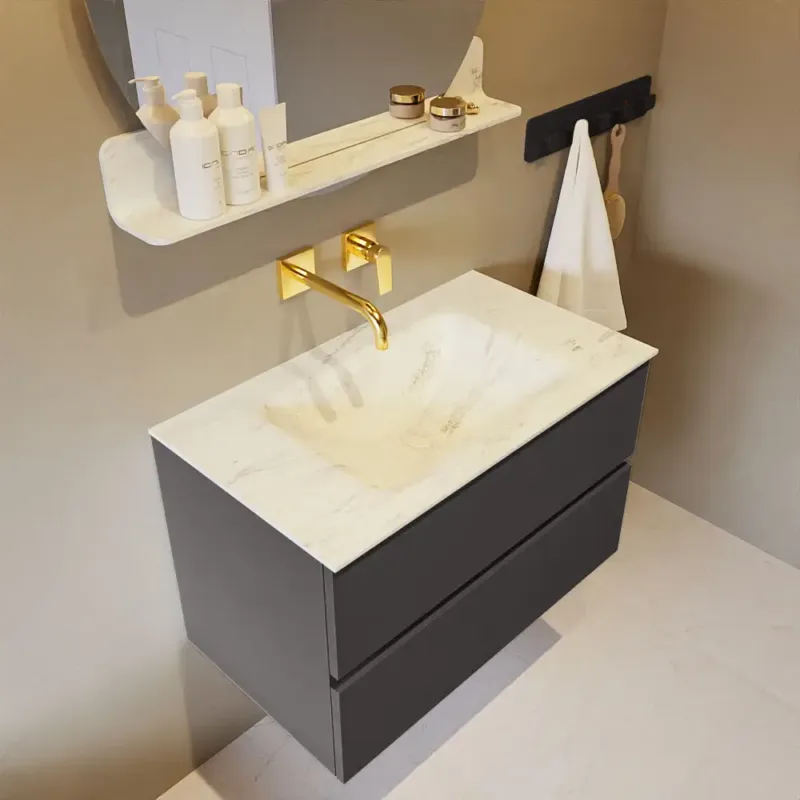 Exclusieve Aanbieding Mondiaz Vica DLux badmeubel 80cm dark grey 2 lades met wastafel opalo midden zonder kraangat