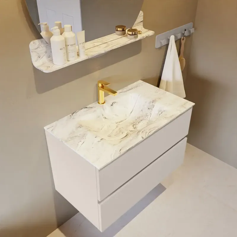 Mondiaz Vica DLux badmeubel 80cm linen 2 lades met wastafel glace midden 1 kraangat Direct Verzonden