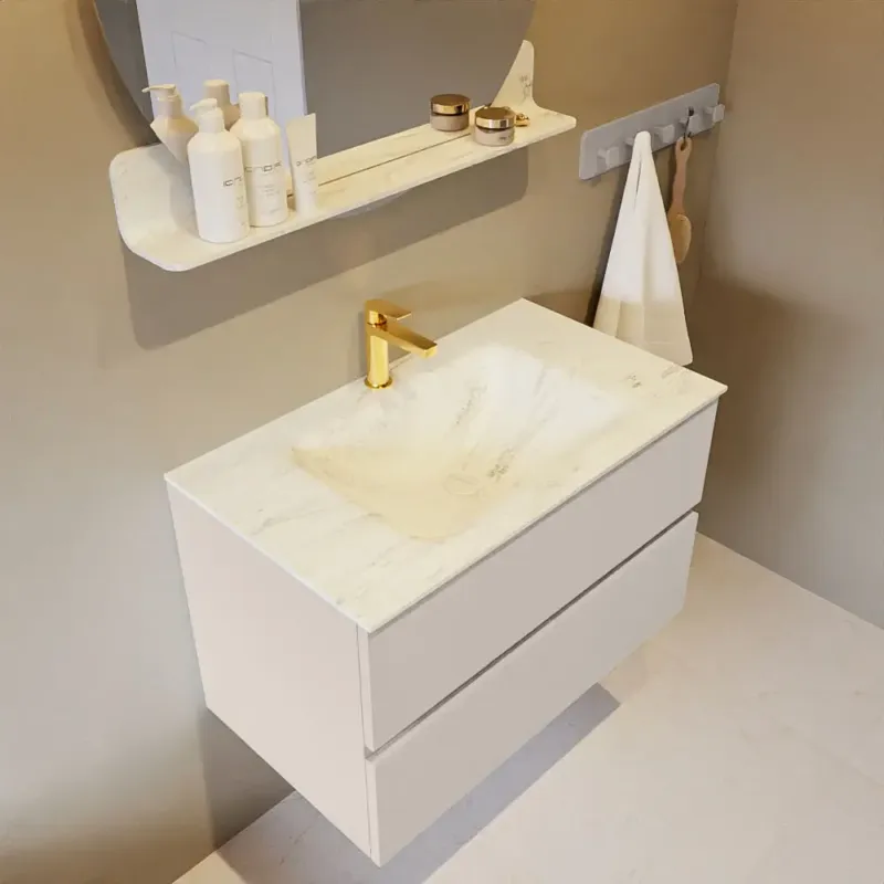 Mondiaz Vica DLux badmeubel 80cm linen 2 lades met wastafel opalo midden 1 kraangat Favoriet