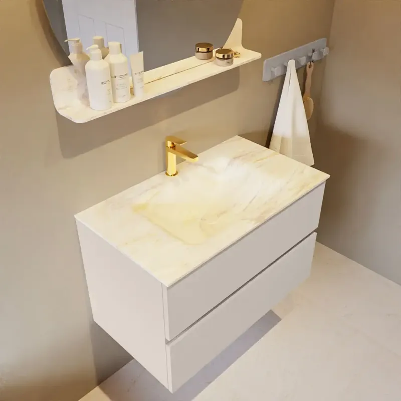 Betaalbaar Mondiaz Vica DLux badmeubel 80cm linen 2 lades met wastafel ostra midden 1 kraangat