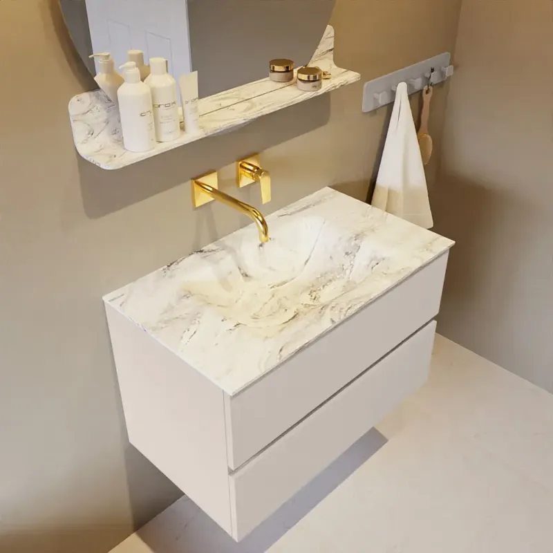 Mondiaz Vica DLux badmeubel 80cm linen 2 lades met wastafel glace midden zonder kraangat Voordeelprijs
