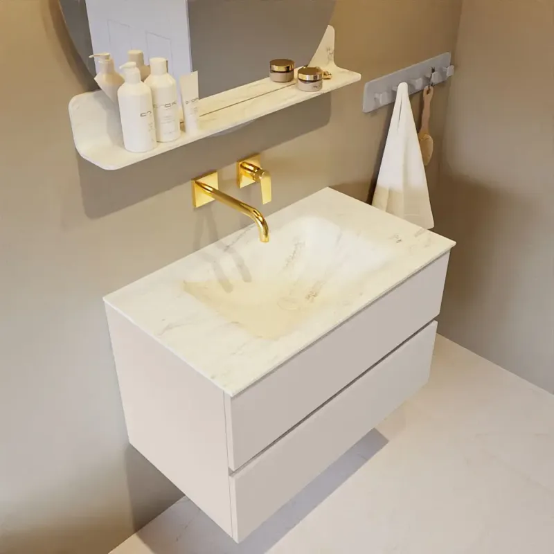 Snelle Levering Mondiaz Vica DLux badmeubel 80cm linen 2 lades met wastafel opalo midden zonder kraangat