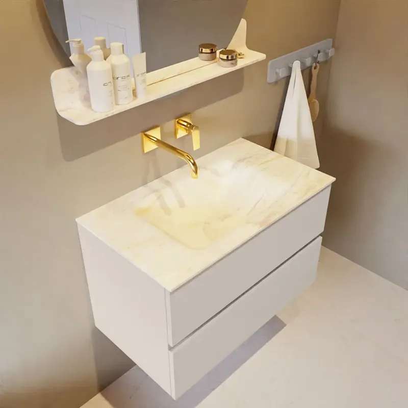 Finale Uitverkoop Mondiaz Vica DLux badmeubel 80cm linen 2 lades met wastafel ostra midden zonder kraangat