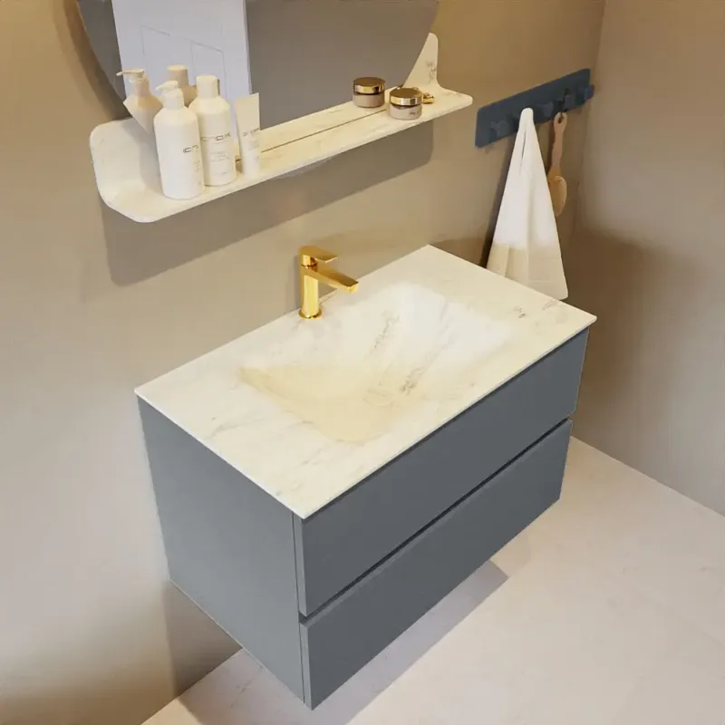 Mondiaz Vica DLux badmeubel 80cm plata 2 lades met wastafel opalo midden 1 kraangat Uitverkoop