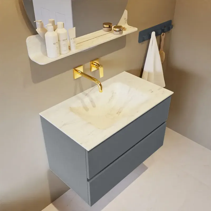 Mondiaz Vica DLux badmeubel 80cm plata 2 lades met wastafel opalo midden zonder kraangat Superprijs