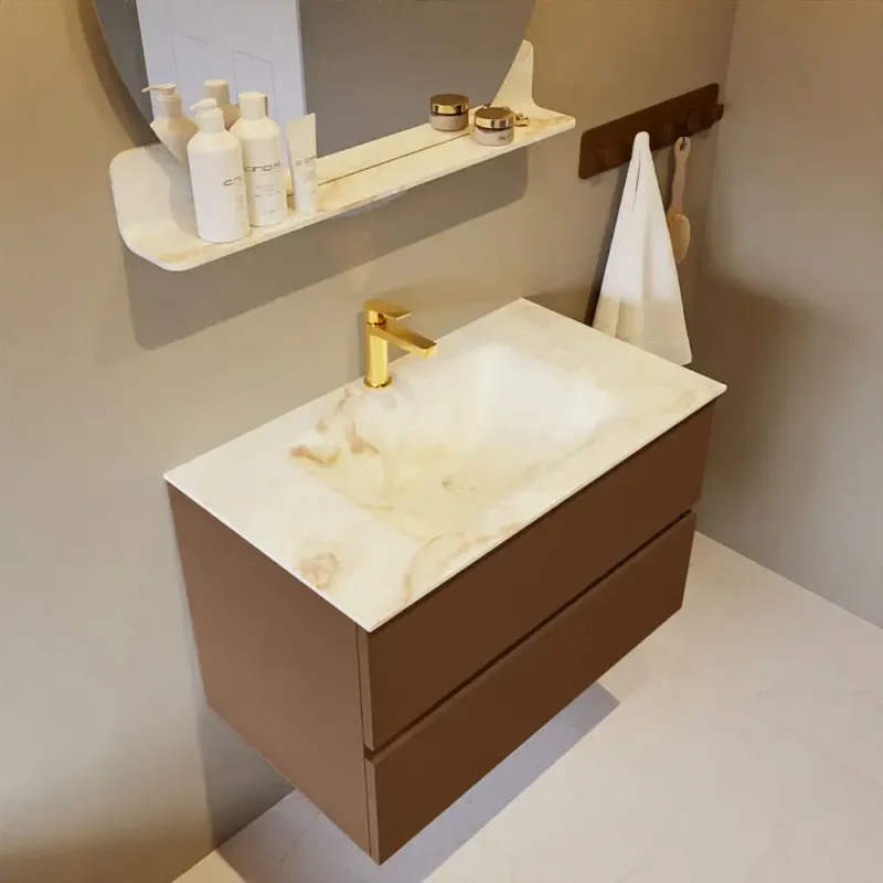 Mondiaz Vica DLux badmeubel 80cm rust 2 lades met wastafel frappe midden 1 kraangat Aanbieding