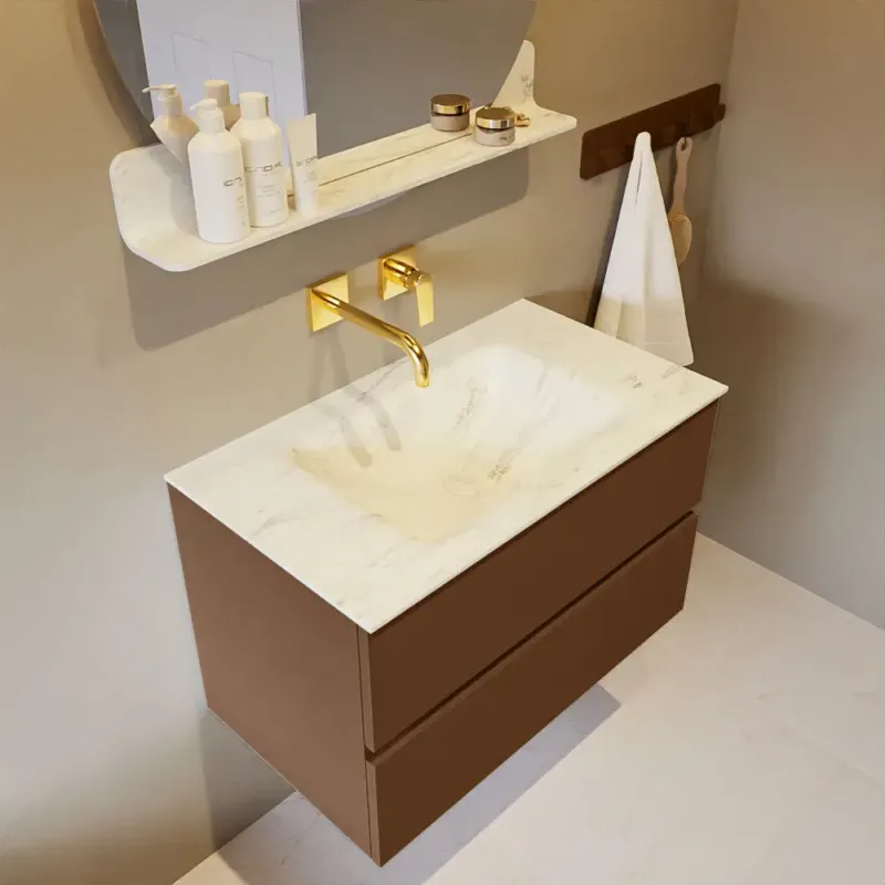 Mondiaz Vica DLux badmeubel 80cm rust 2 lades met wastafel opalo midden zonder kraangat Gratis Retour