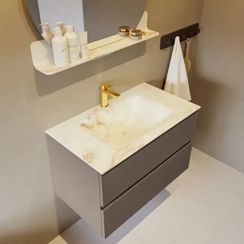Mondiaz Vica DLux badmeubel 80cm smoke 2 lades met wastafel frappe midden 1 kraangat Exclusieve Aanbieding
