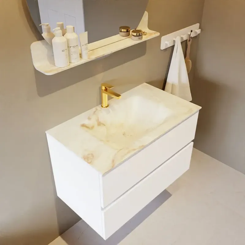 Weekendaanbieding Mondiaz Vica DLux badmeubel 80cm talc 2 lades met wastafel frappe midden 1 kraangat