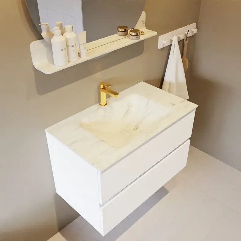 Koop Vandaag Mondiaz Vica DLux badmeubel 80cm talc 2 lades met wastafel opalo midden 1 kraangat