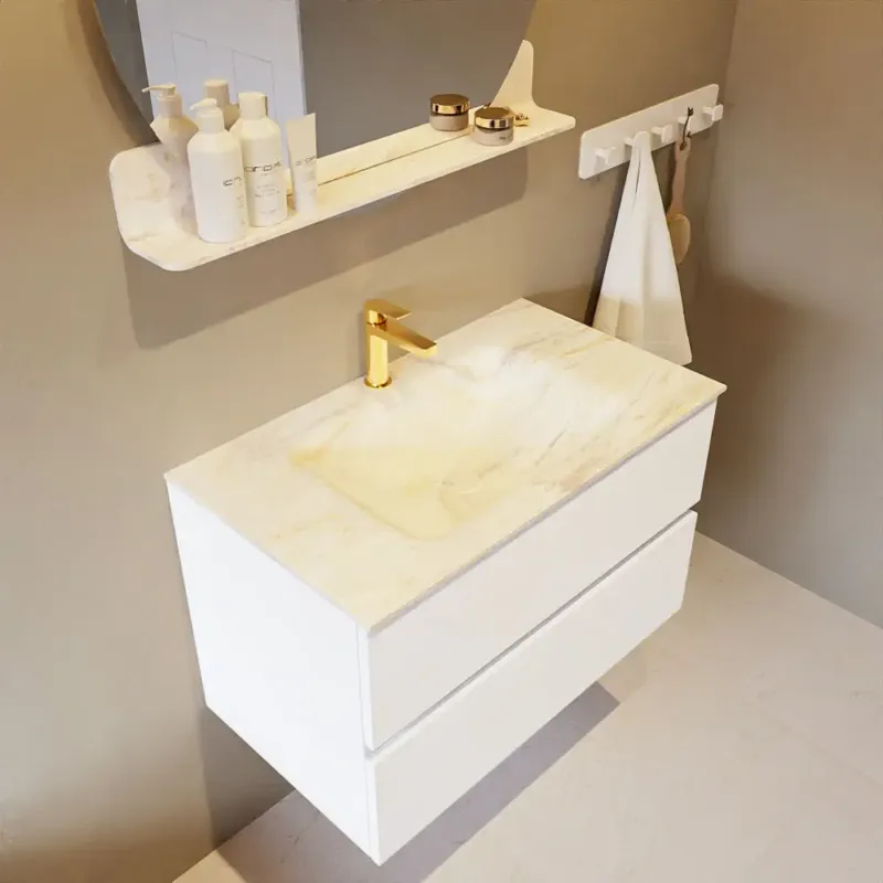Speciale Aanbieding Mondiaz Vica DLux badmeubel 80cm talc 2 lades met wastafel ostra midden 1 kraangat