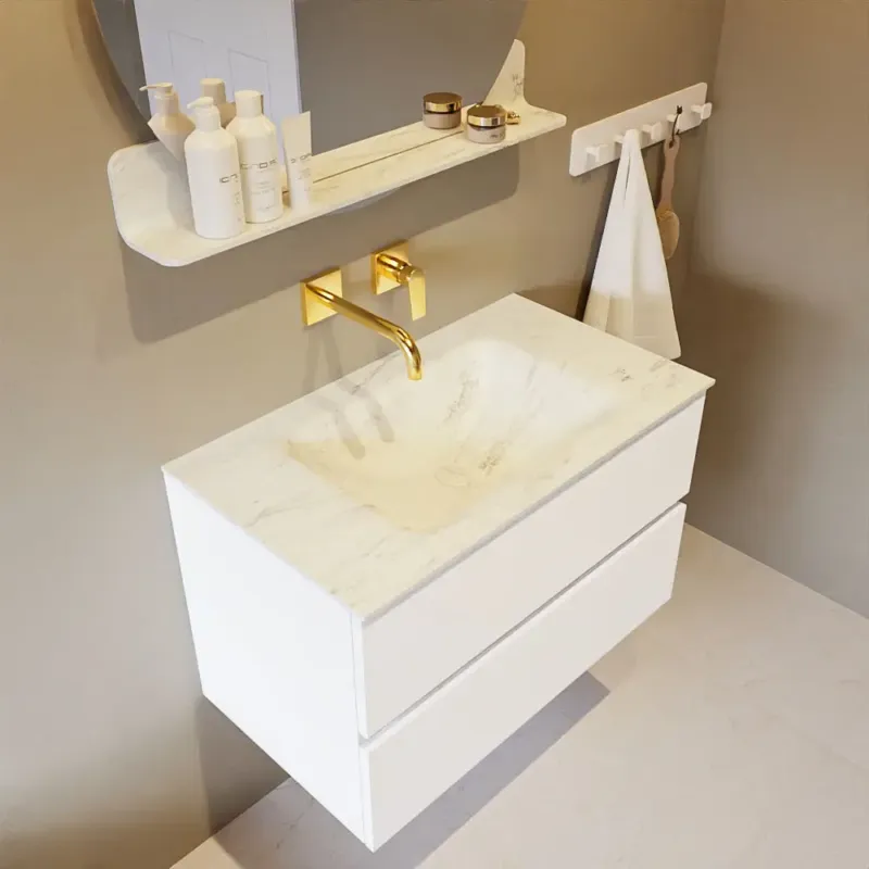 Nieuw Mondiaz Vica DLux badmeubel 80cm talc 2 lades met wastafel opalo midden zonder kraangat